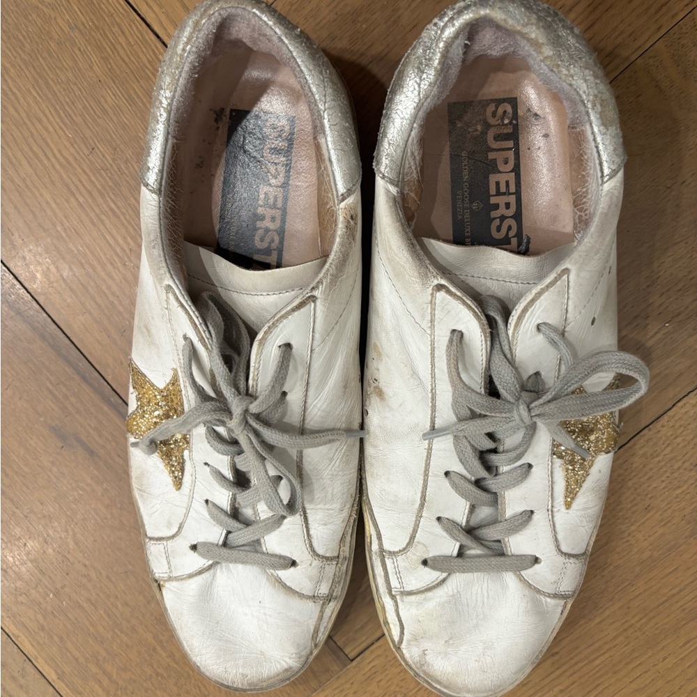 Golden Goose White Leather Sneakers with Gold Glitter Star - Women - Picture 5 of 6